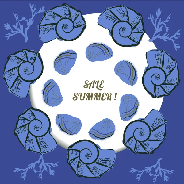 Yaz el çekilmiş şablonu el ile boyalı deniz kabuğu, deniz mercan, daire çerçeve mavi okyanus renkler üzerinde yapılan vektör. Tasarım çelenk