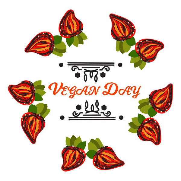 Veganes Produktlabel. Welt veganer Tag. Erdbeere und Rahmen, Vektorillustration — Stockvektor