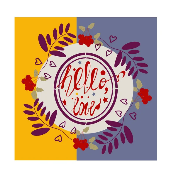 Hola AMOR EN plantilla de folleto de otoño con caligrafía. Hojas brillantes de otoño. Cartel, tarjeta, etiqueta, diseño de banner. Ilustración vectorial — Vector de stock