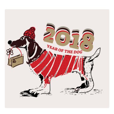 Şu, vektör çizim, mutlu yeni yıl 2018 ile şirin komik köpek