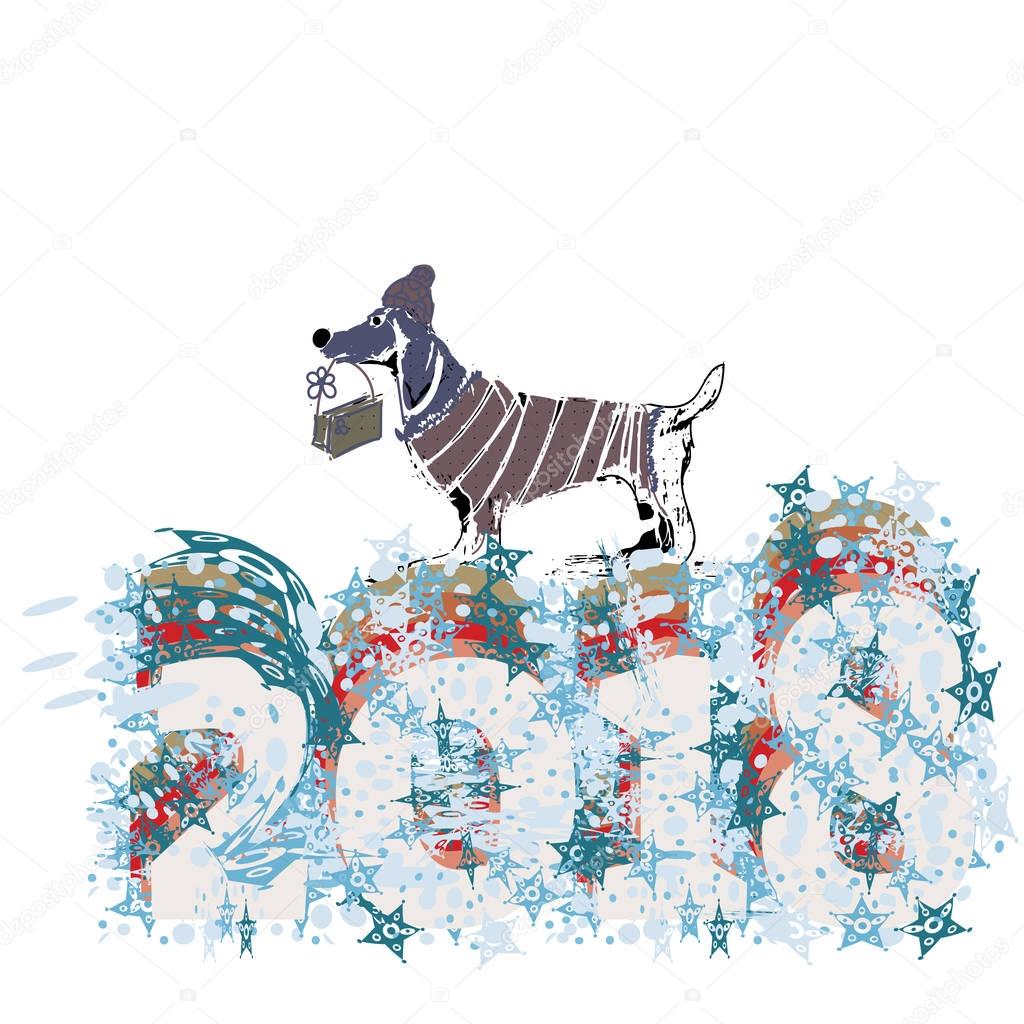 Süße lustige Hund mit Gegenwart, VektorIllustration, frohes neues Jahr