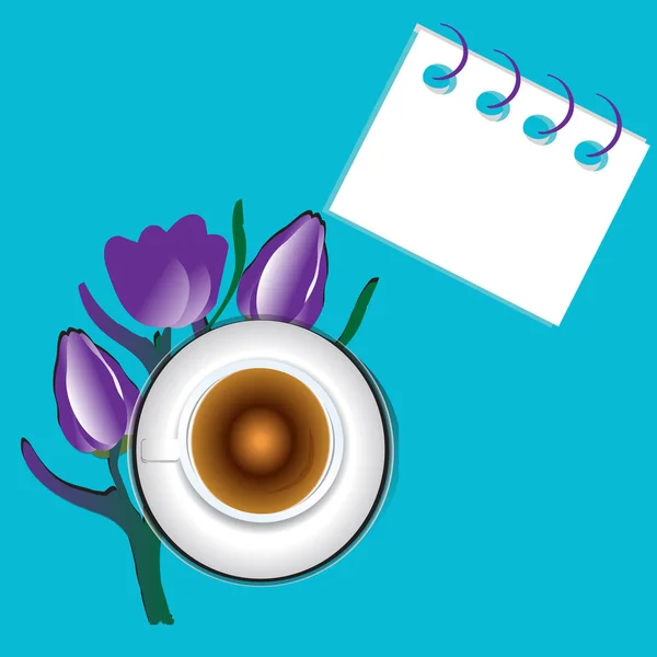 Veilchen Tulpenstrauß und Kaffeetasse über hellem Tisch. Ansicht von oben mit Kopierraum — Stockvektor