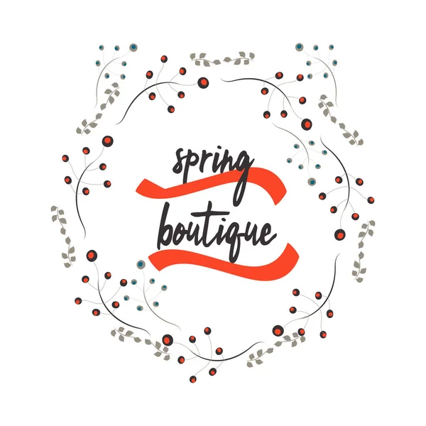 Boutique Primavera. Illustrazione disegnata a mano. Design vettoriale per poster, card, banner, coupon. Vendita tipografia. Concetto di vendita per negozi, mercati — Vettoriale Stock