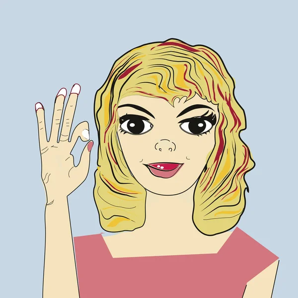 Pretty smiling woman showing ok sign. Vector illustration in pop art comic style. — Stock Vector