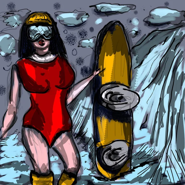 Schönes Mädchen mit Snowboard, Sport treiben, Bergblick, Illustration für Karte oder Banner — Stockfoto