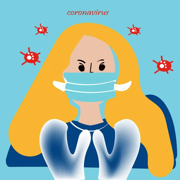 COVID-19 Wuhan Novel coronavirus 2019-nCoV en vrouw met blauw medisch gezichtsmasker. Concept van quarantaine van het coronavirus — Stockvector