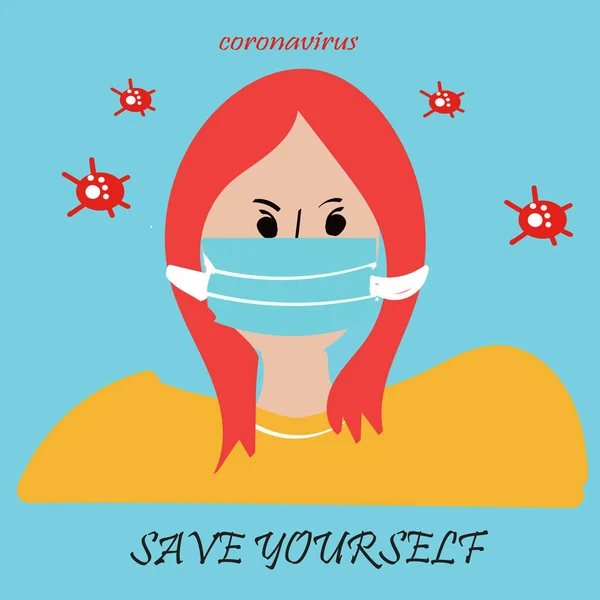 COVID-19 Wuhan Novel coronavirus 2019-nCoV en vrouw met blauw medisch gezichtsmasker. Concept van quarantaine van het coronavirus — Stockvector