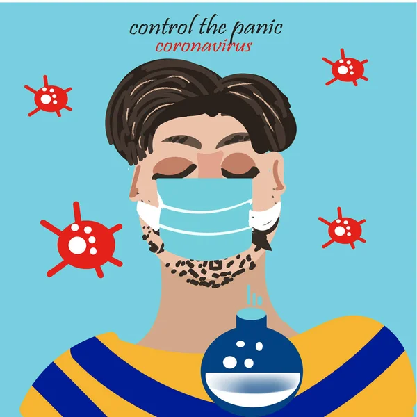 COVID-19 Wuhan Novel coronavirus 2019-nCoV e homem com máscara facial médica azul. Conceito de proteção de quarentena contra coronavírus — Vetor de Stock