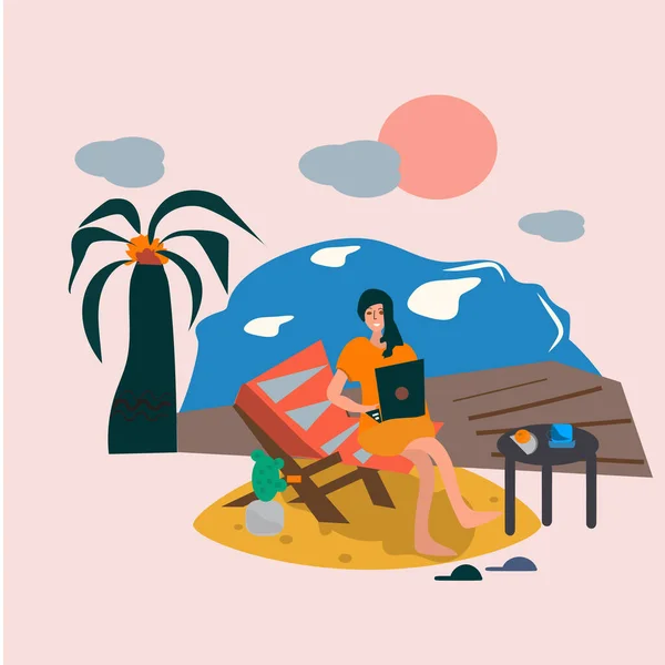 Freelance fille sur la plage chair.working sur ordinateur, style plat — Image vectorielle