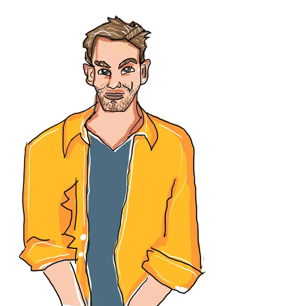 Young bearded man . Male character design illustration. Trendy person standing isolated in white background. Modern lifestyle, concept in  cartoon.