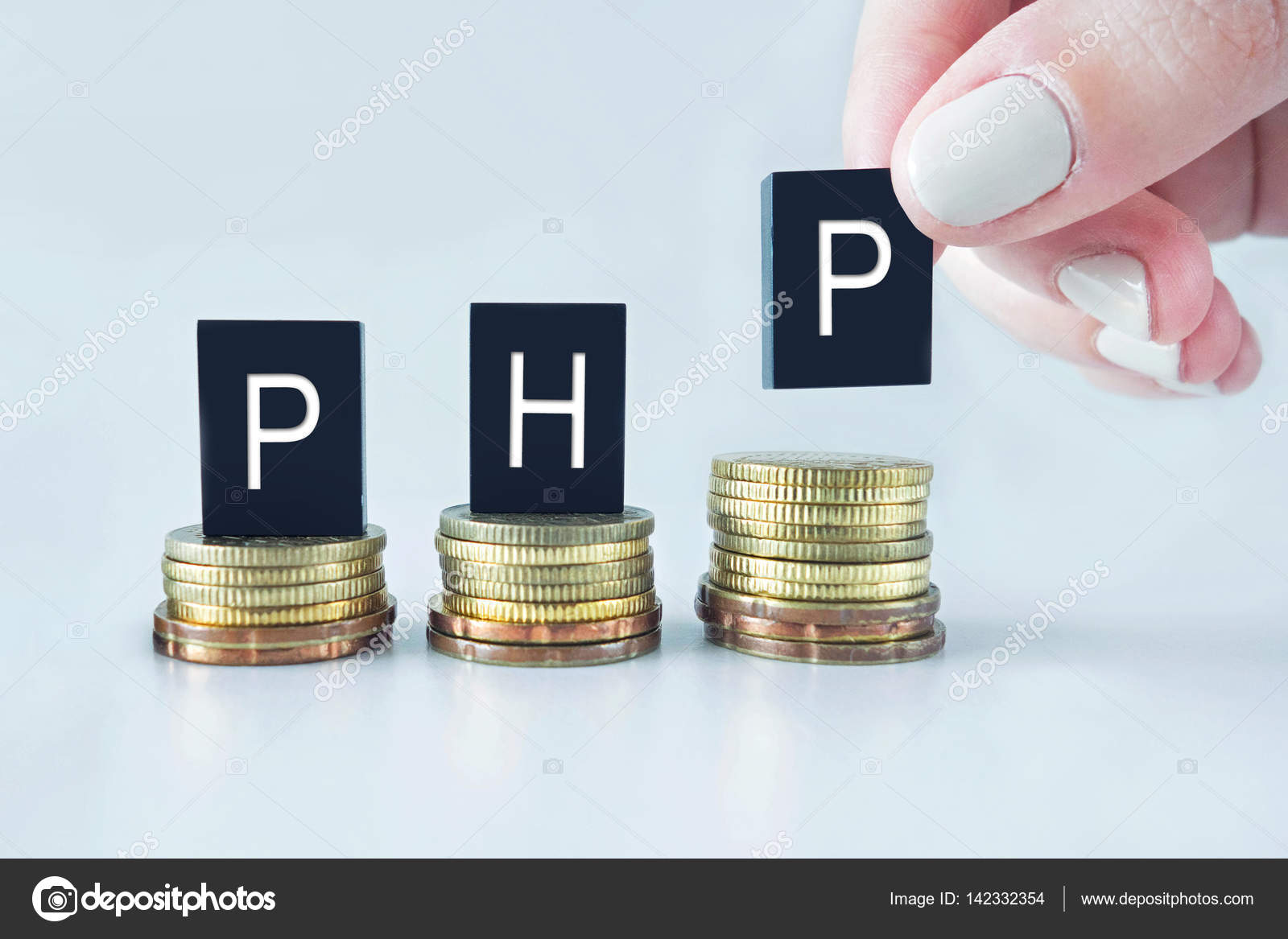 货币概念︰ Php （菲律宾比索） 文本叠放在硬币无线——图库图片© syaheir #142332354