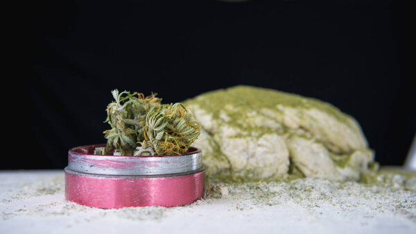 Preparing to cooking hemp cake or bread. Close-up of fresh dough