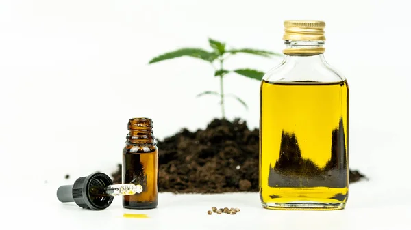 Nahaufnahme Von Hanföl Und Cannabissamen Auf Weißem Hintergrund Ätherisches Aus — Stockfoto