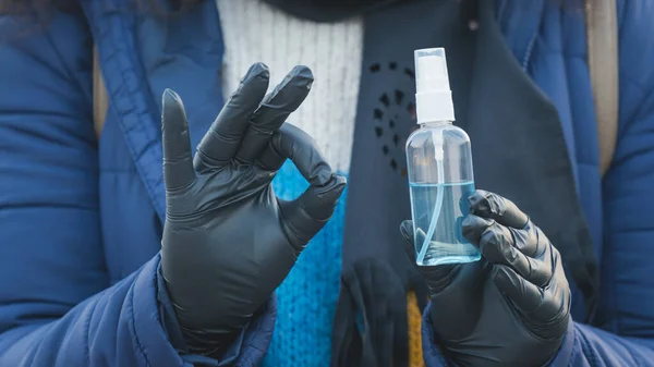 Close Young Person Holding Hand Antiseptic Bacteria Spray Disinfecting Hands — Stock Photo, Image