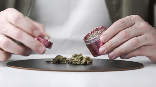 医療用マリファナの芽を持つグラインダーを使用して男性の手のクローズアップ 大麻は ハーブや代替医療の概念です — ストック動画