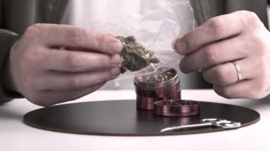 Vakumlu fokların içinde tıbbi marihuana tomurcukları tutan erkeklerin yakın çekimleri. Esrar bir bitkisel veya alternatif tıp kavramıdır.