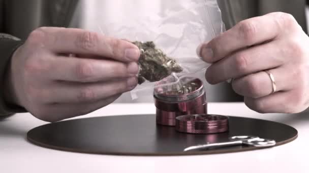真空シール袋に医療用マリファナ芽を保持している男性の手のクローズアップ 大麻は ハーブや代替医療の概念です — ストック動画