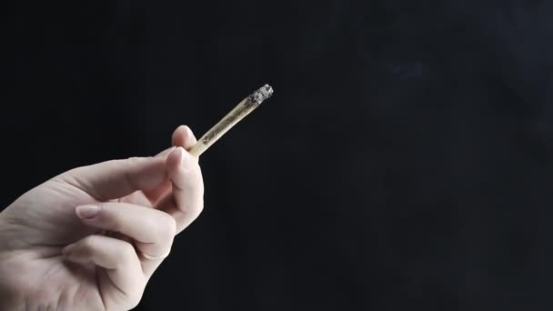 Close Female Hand Holding Medical Marijuana Joint Smoking Black Background — Stock Video