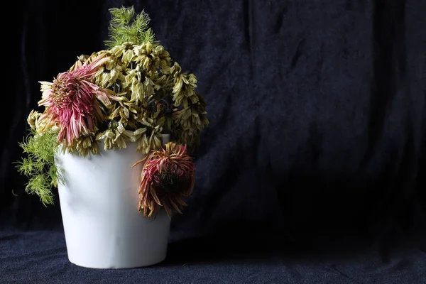 Schwarzer Stoffhintergrund Welke Oder Abgestorbene Blumen Weißer Vase — Stockfoto