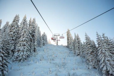 Teleferikten karla kaplı güzel ormana bakın. Dağ, kışın güzel bir günüdür..