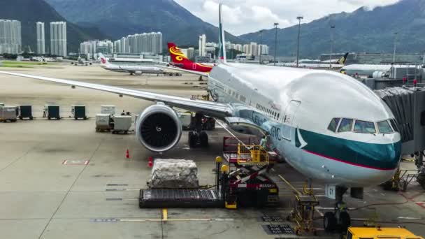 Vliegtuigen Cathay Pacific bereidt om te laden van de bagage in Hong Kong Airport — Stockvideo