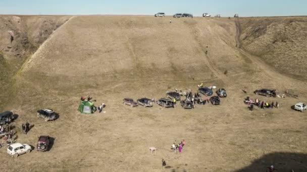Aerial view Off-road vehicles a meeting on a amateur competitions near the city Shymkent, Kazakhstan. 4K TimeLapse — Stock Video