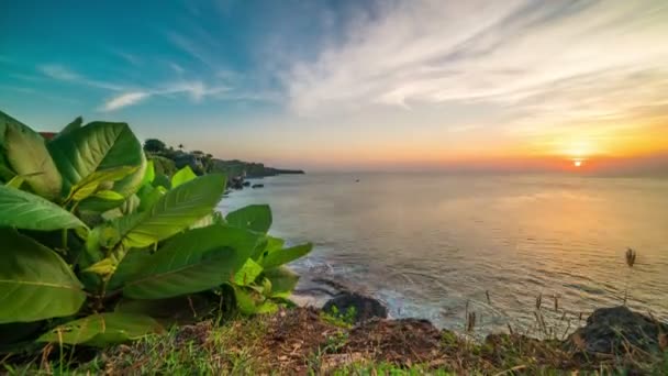 Solnedgången timelapse på en bakgrund av stora tropiska blad, klippiga kusten och havet på ön Bali i Indonesien. — Stockvideo