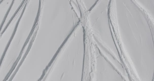 Sporen van ski's in de poeder sneeuw berg — Stockvideo
