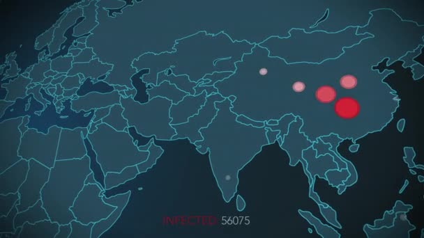 Peta dunia mengenai latar belakang animasi Coronavirus Covid-19, negara Close-up dengan Covid-19, peta mengkonfirmasi kasus-kasus yang dilaporkan di seluruh dunia secara global. 4K — Stok Video