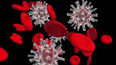 Coronavirus ve Kan Hücresi 3 boyutlu animasyon. Mikroskobik parçacıkları 4K içinde oluştur.