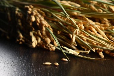 Tahta masada pirinç mısırı. Sağlıklı organik çiğ yemek pişirmeye hazır.