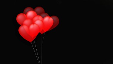 Sevgililer Günü gerekçesi olarak siyah arka planda kırmızı balonlar ve fotokopi alanı var. Altı balon iplerle