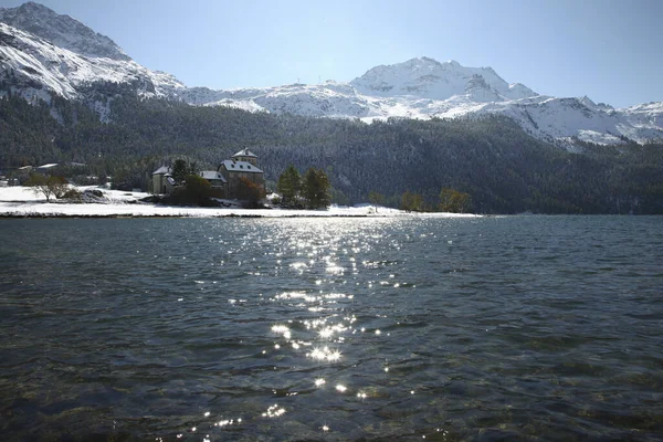 St. Moritz, Switzerland with lake and snowy mountains — Stock Photo, Image