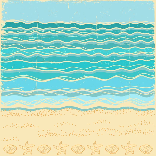 Beach scene.Vintage sea landscape with blue waves — Stock Vector