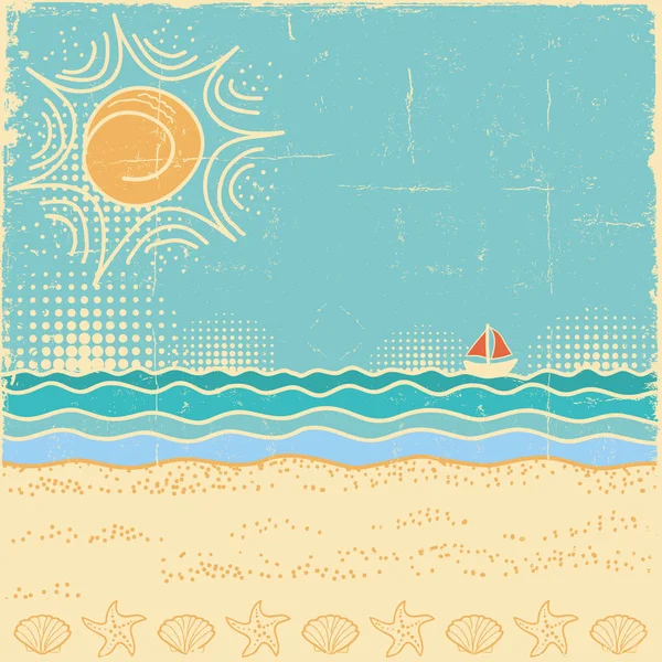 Scena na plaży. Vintage sea krajobraz z fale i słońce niebo — Wektor stockowy