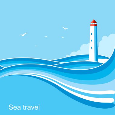 Lighthouse.Sea dalgalar mavi arka plan illüstrasyon