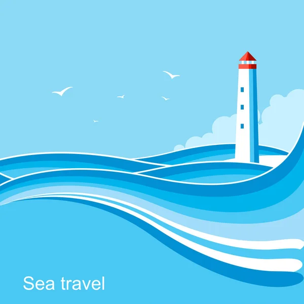 Lighthouse.Sea ondas azul fundo ilustração — Vetor de Stock
