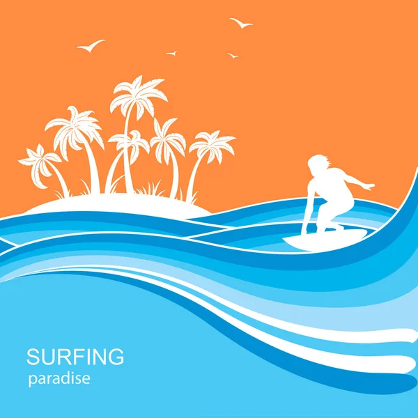 Surfer, morze i fale tła. Ilustracja lato natura — Wektor stockowy