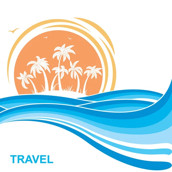Île tropicale et soleil.Illustration de fond des vagues de mer — Image vectorielle