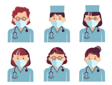 Tıp çalışanları avatarları sembolize ediyor. Beyaz maskeli vektör doktorlar portresi. Hastane personeli üniformalı. EPS 10