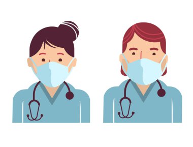 Tıp çalışanları avatarları sembolize ediyor. Beyaz maskeli vektör doktorlar izole edildi. Hastane personeli üniformalı. EPS 10
