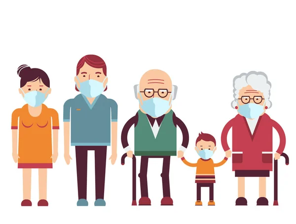 Aile, Covid-19 virüsünü önlemek için koruyucu tıbbi maskeler takıyor. Tıbbi maskeli insanların vektör avatarları beyaza izole edildi