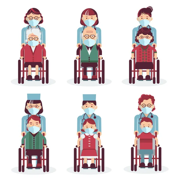 Personnes Handicapées Masque Assis Fauteuil Roulant Travailleurs Médicaux Uniforme Icônes — Image vectorielle