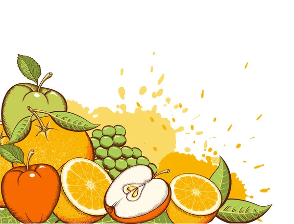 果物の背景 フルーツベクトルカラーイラスト アップル ブドウ オレンジジュースの背景とスプラッシュ — ストックベクタ