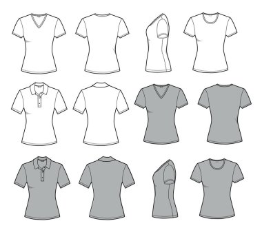 Ön, arka ve yan görüntüler için kadın tişörtü. Vektör, erkekler için düz stil illüstrasyon tasarım için beyaza izole edilmiş moda gündelik giysileri ayarladı
