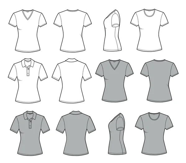 Women Shirt Template Front Back Side Views Vector Set Fashion — Stock Vector