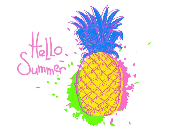 Ananas Hej Sommar Retro Flerfärgad Färg Vektor Illustration Isolerad Vit Royaltyfria Stockvektorer