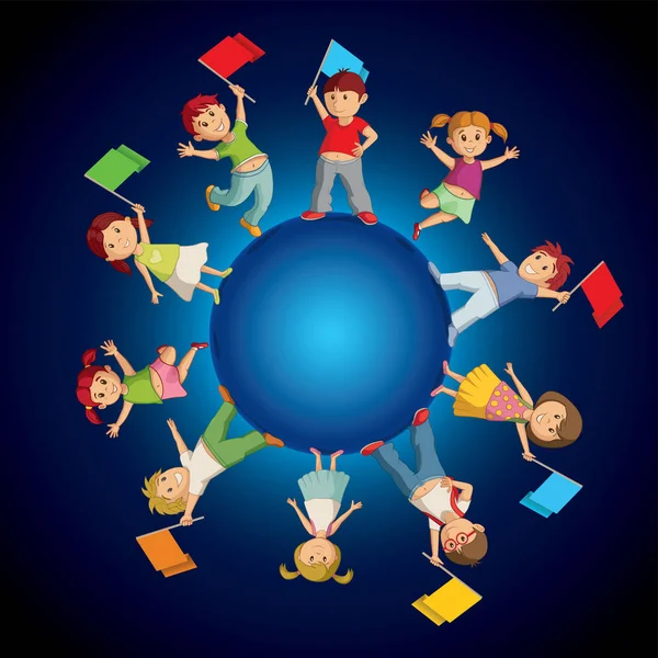 Enfants sur la sphère avec des drapeaux colorés — Image vectorielle