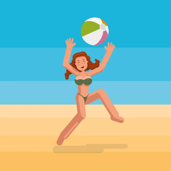 Bikini girl bal spelen op het strand. — Stockvector