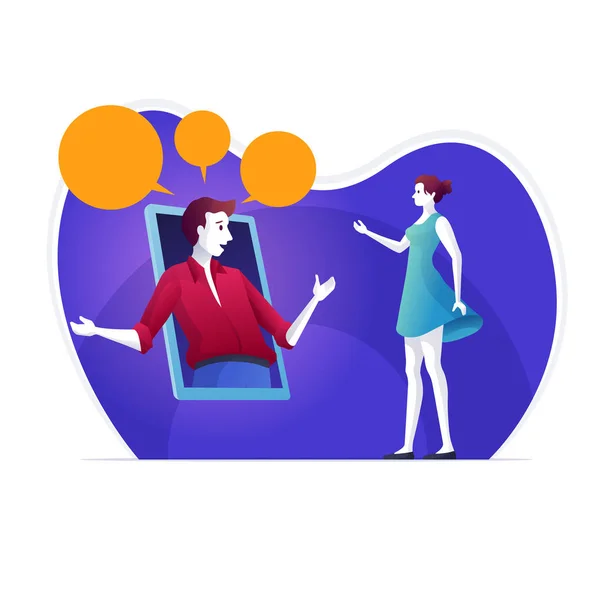 Man and woman is communicating through video chat on smartphone. — Stock Vector